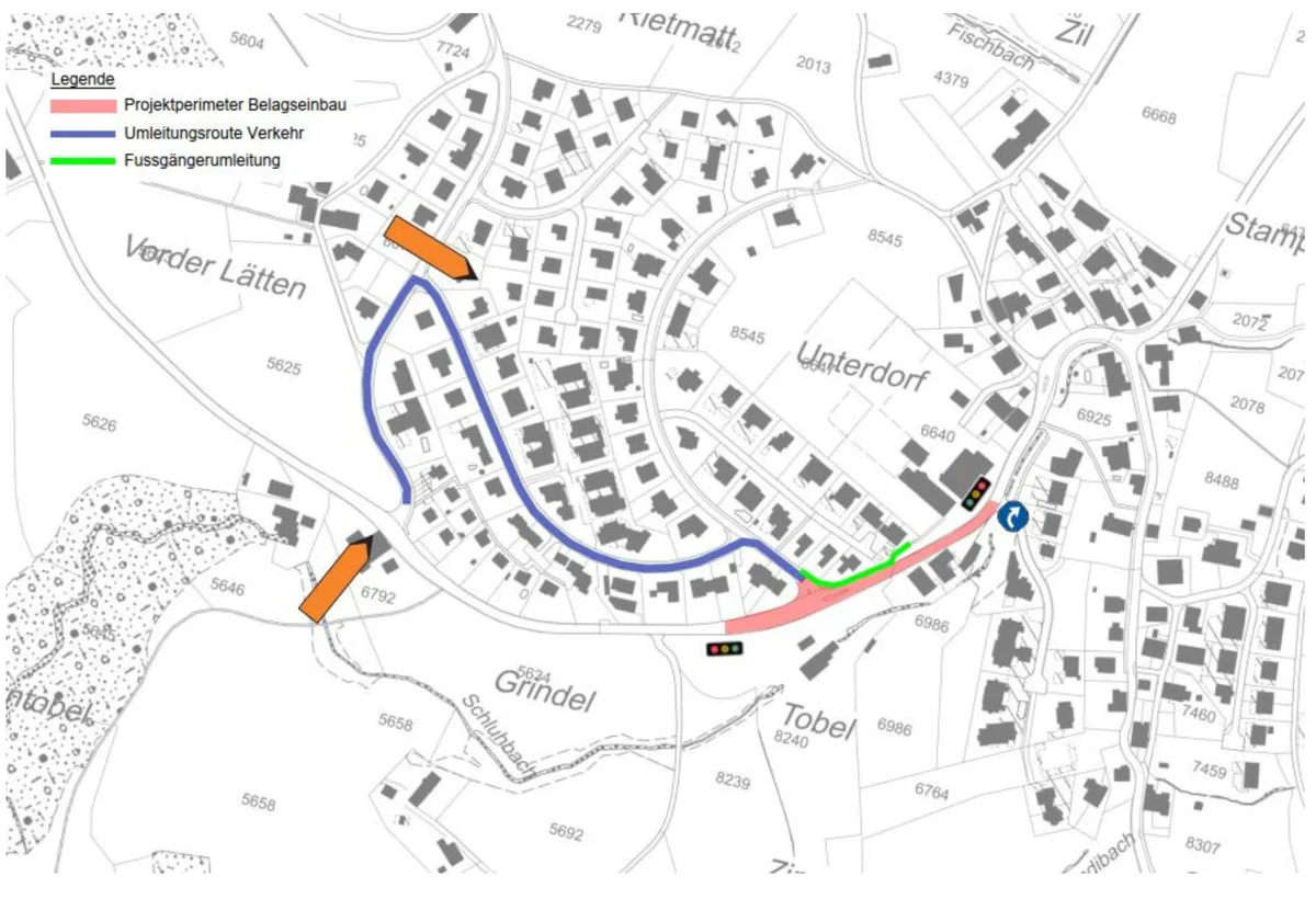 Bei der zweiten Etappe des Deckbelagseinbaus wird der Verkehr über das Spilchbüel und die Sackstrasse umgeleitet. Man sieht die Umfahrungen auf einer Grafik.